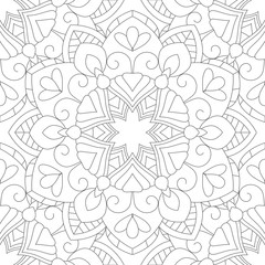 Doodles mandala seamless pattern. Adult coloring page. Black and white floral elements. Repeat pattern background. Hand drawn vector illustration.