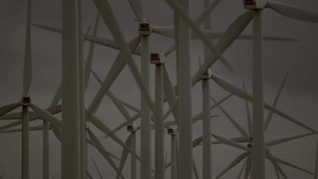 The detailed close-up video of several windmills