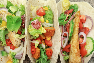 Delicious fish tacos, closeup