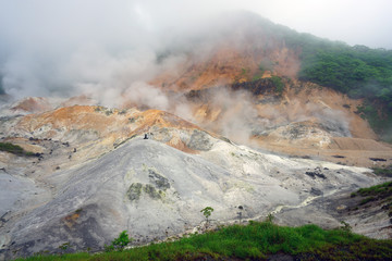 Active geothermic fumes in the onsen hot springs resort of Noboribetsu in the Shikotsu-Toya National Park in Hokkaido, Japan