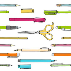 Fototapeta premium SEAMLESS PATTERN of hand drawn stationery in cartoon style. Sketch of writing items. Doodle writing supplies, pen, pencil, scissors. Cool elements for infographic, web design, background. School