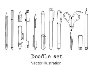 Isolated set of stationery hand drawn in cartoon style. Sketch of writing items. Doodle writing supplies, pen, pencil, scissors Cool design elements for infographic, web design, background. School