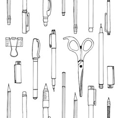 SEAMLESS PATTERN of hand drawn stationery in cartoon style. Sketch of writing items. Doodle writing supplies, pen, pencil, scissors. Cool elements for infographic, web design, background. School