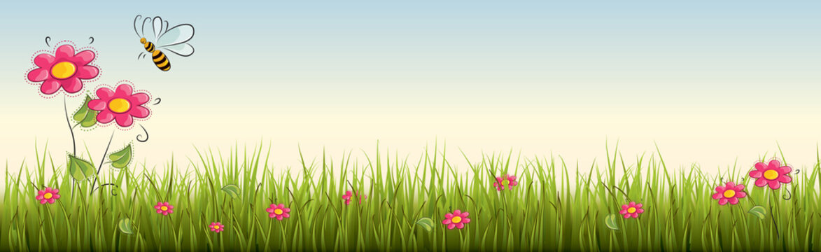Fresh realistic green grass with red flowers - vector illustration