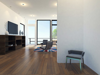 Fototapeta na wymiar Modern apartment living room interior with sea view, 3D rendering