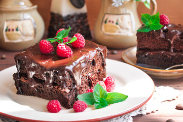 Chocolate cake Brownie with raspberries