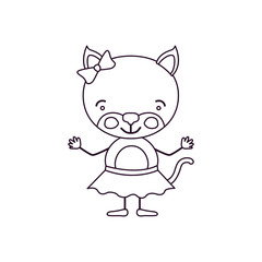 sketch contour caricature of cute expression female kitten in skirt with bow lace vector illustration