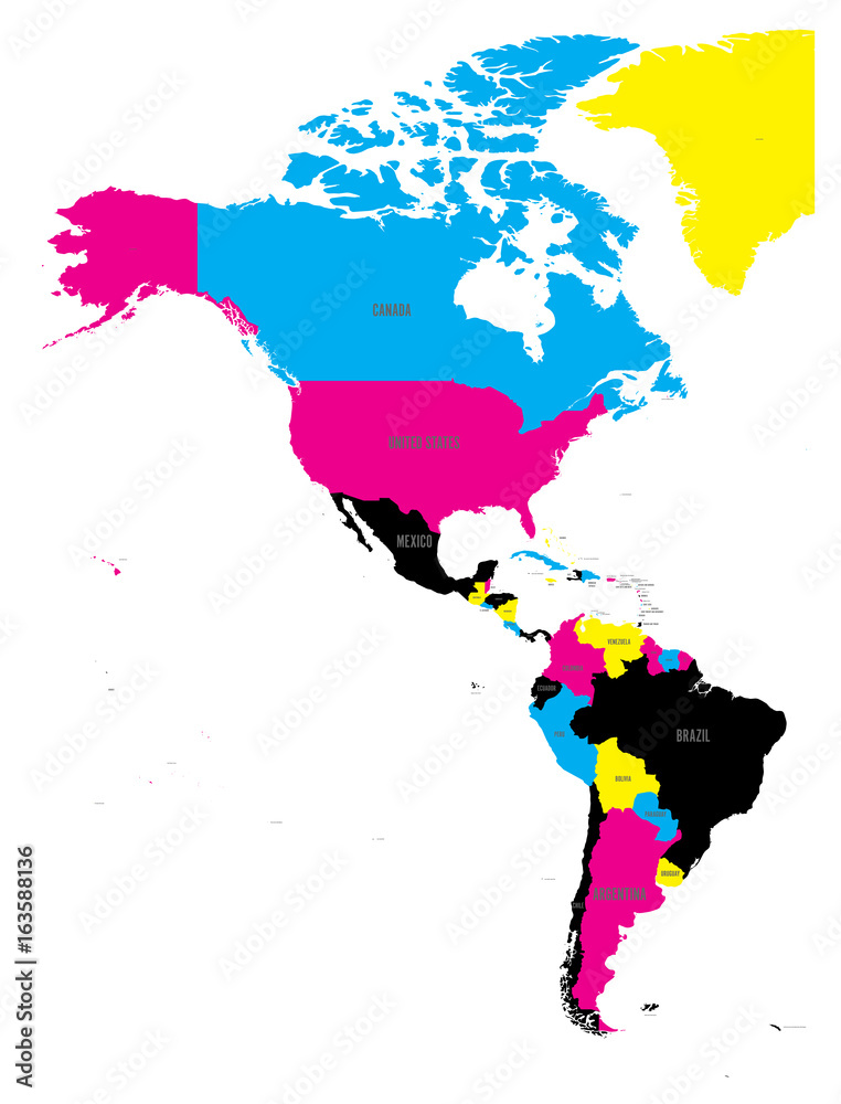 Wall mural Political map of Americas in CMYK colors on white background. North and South America with country labels. Simple flat vector illustration. - Wall murals