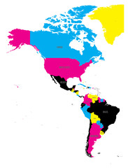 Political map of Americas in CMYK colors on white background. North and South America with country labels. Simple flat vector illustration.