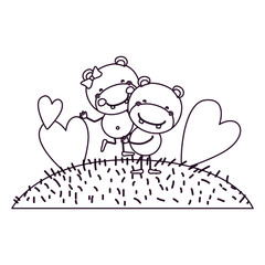 sketch contour scene sky landscape and grass with caricature couple of hippos one carrying the other vector illustration