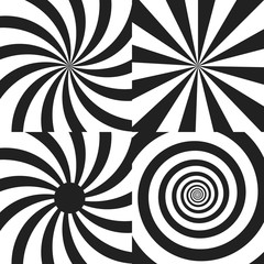 Set of Psychedelic spiral with radial rays, twirl, twisted comic effect, vortex backgrounds. Vector illustration. Design elements.