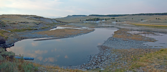 Sunset at Elk Anter Creek and Yellowstone River in the Hayden Valley in Yellowstone National Park in Wyoming USA