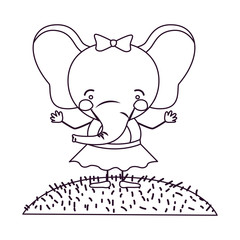 sketch contour scene sky landscape and grass with caricature cute expression female elephant in skirt with bow lace vector illustration