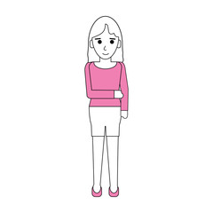 Flat line standing woman with clothing and a hint of color over white background