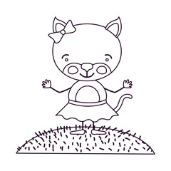 sketch contour scene sky landscape and grass with caricature cute expression female kitten in skirt with bow lace vector illustration