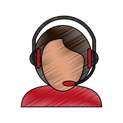Colorful man avatar with headset and microphone doodle over white background vector illustration