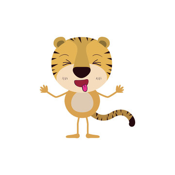 colorful caricature of cute tiger disgust expression and sticking out tongue vector illustration