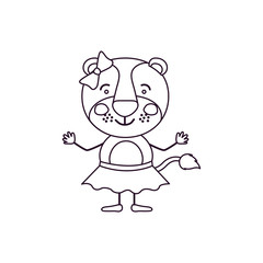 sketch contour caricature of cute expression lioness in skirt with bow lace vector illustration