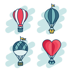 Hot air balloon colorful line icon set. Outline vector illustration