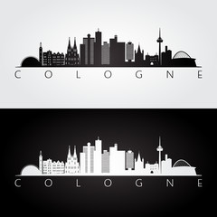 Cologne skyline and landmarks silhouette, black and white design, vector illustration. - obrazy, fototapety, plakaty