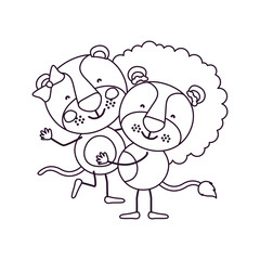 sketch contour caricature with couple of lioness and lion one carrying the other cute animals love vector illustration