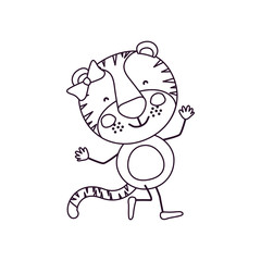 sketch contour caricature of cute expression female tigress in dance pose with bow lace vector illustration