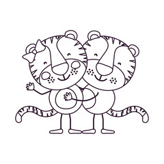 sketch contour caricature with couple of tigers embraced vector illustration