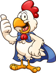 Cartoon super chicken with cape. Vector clip art illustration with simple gradients. All in a single layer.