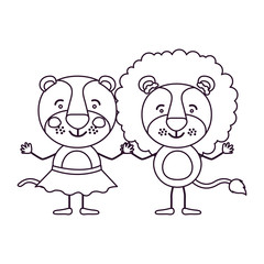 sketch contour caricature with couple of lioness holding hands vector illustration
