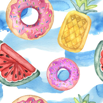 Watercolor seamless pattern with pool floats. Hand painted air toy and water isolated on white background. Donut, pineapple and watermelon toys. Vacation illustration. For design, print or background.
