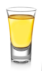 Shot of gold tequila isolated on white