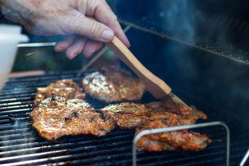 Marinating meat during grilling. Pork on the grill. Barbecue in the garden. Hand with a brush in motion. 