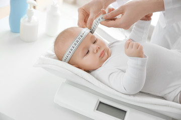 Obraz na płótnie Canvas Doctor examining baby on scales in room