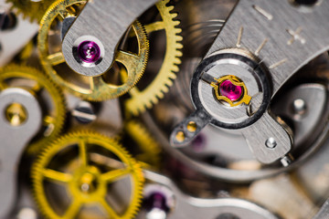 Mechanical watch movement, macro of balance ruby jewel, shock resistant spring, regulator and balance wheels.