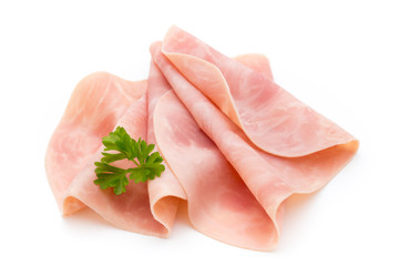 Thin slices of ham on white background.