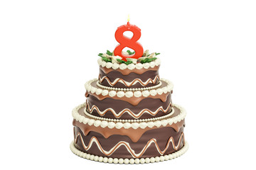 Chocolate Birthday cake with candle number 8, 3D rendering