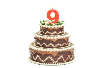 Chocolate Birthday cake with candle number 9, 3D rendering