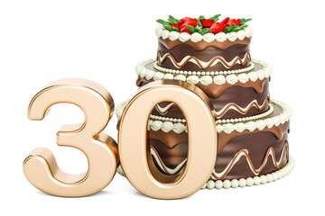 Chocolate Birthday cake with golden number 30, 3D rendering