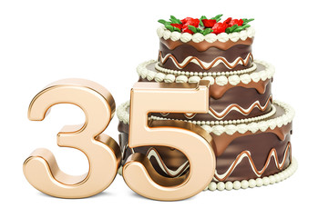 Chocolate Birthday cake with golden number 35, 3D rendering