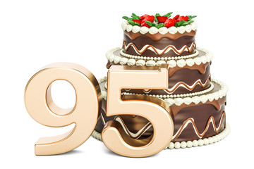 Chocolate Birthday cake with golden number 95, 3D rendering