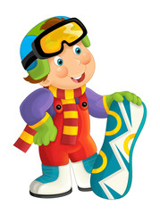 Cartoon snowboarder - boy standing and smiling and watching / isolated illustration for children