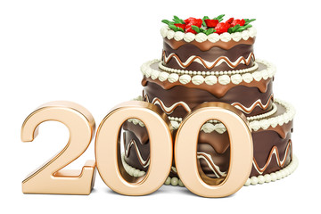 Chocolate cake with golden number 200, 3D rendering