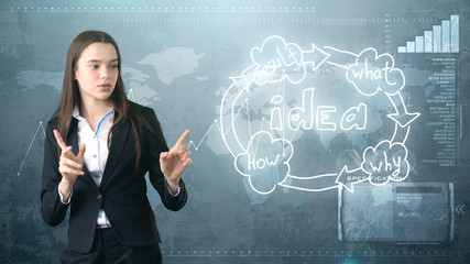 Creative ideas concept, beautiful businesswoman standing on studio painted background near idea organizational chart.