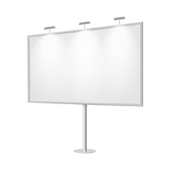 Obraz premium Outdoor board with single stand, in vector. Blank billboard, stand on one bar support. Highlighted with lamps, in perspective. White mockup with frame for message, commercial or presentation.