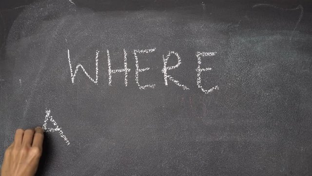 Woman's hand writing question "WHERE ARE YOU?" with white chalk on blackboard