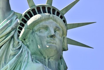 Face of the Statue of Liberty on Liberty Island in New York City.