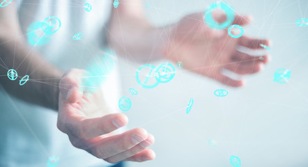 Businessman using flying network connection interface 3D rendering