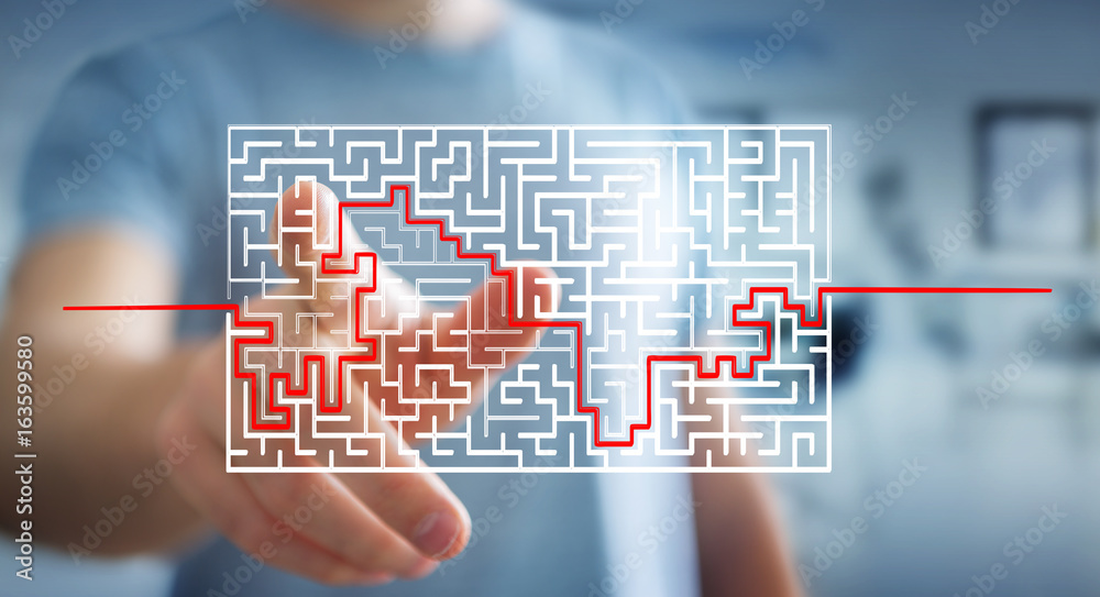 Poster businessman searching solution of a complicated maze