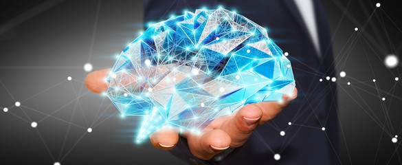 Businessman holding digital x-ray human brain in his hand 3D rendering
