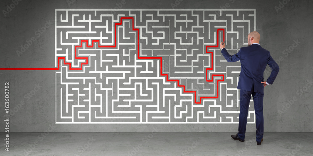 Poster businessman searching maze solution on a wall 3d rendering